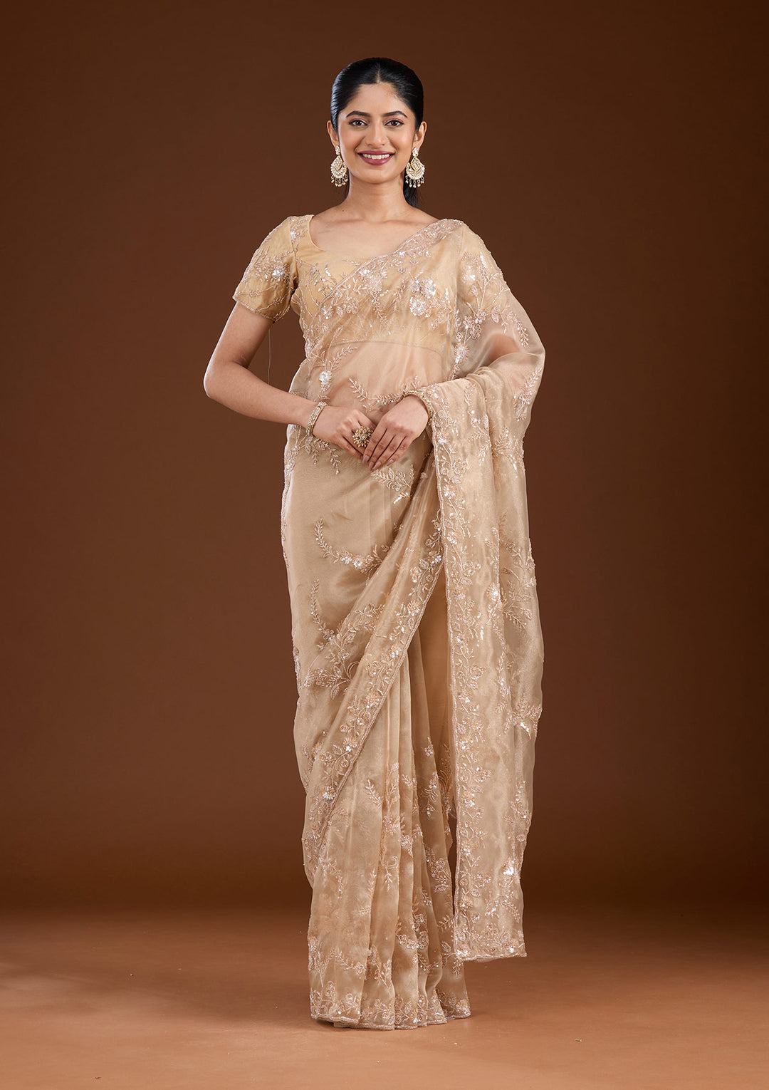 Beige Organza Cutdana Saree With Matching Blouse Piece