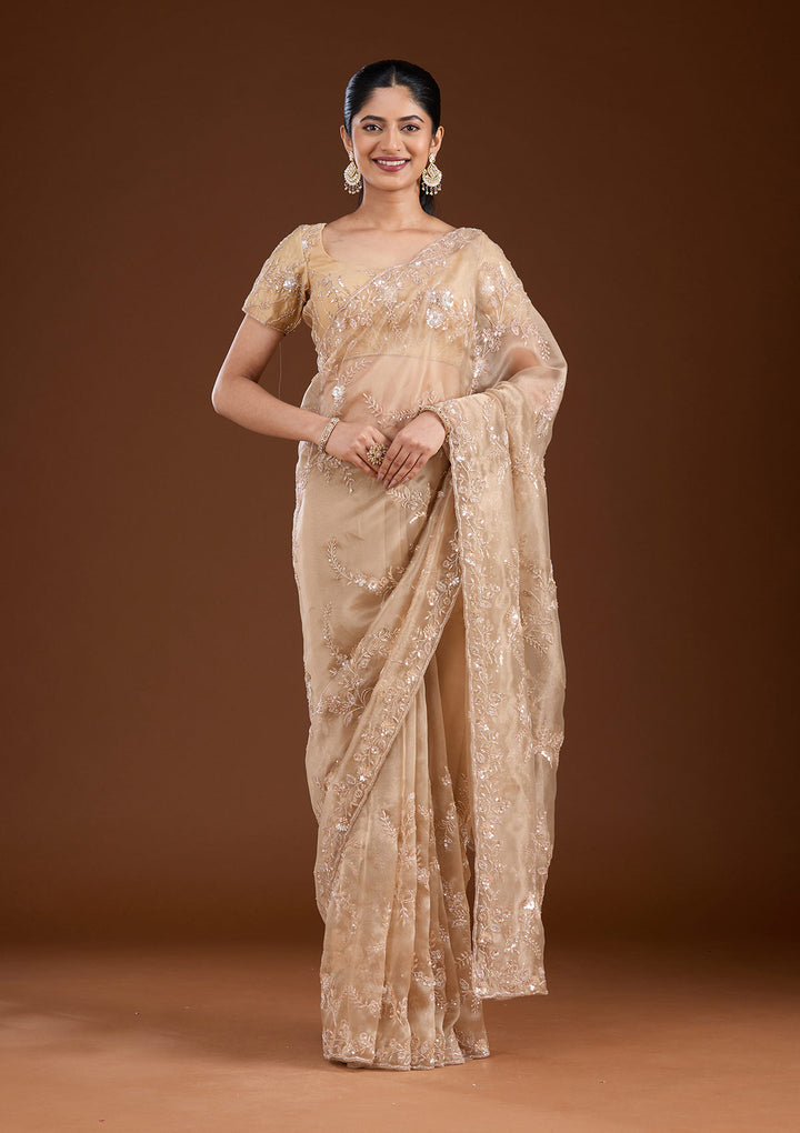 Beige Organza Cutdana Saree With Matching Blouse Piece