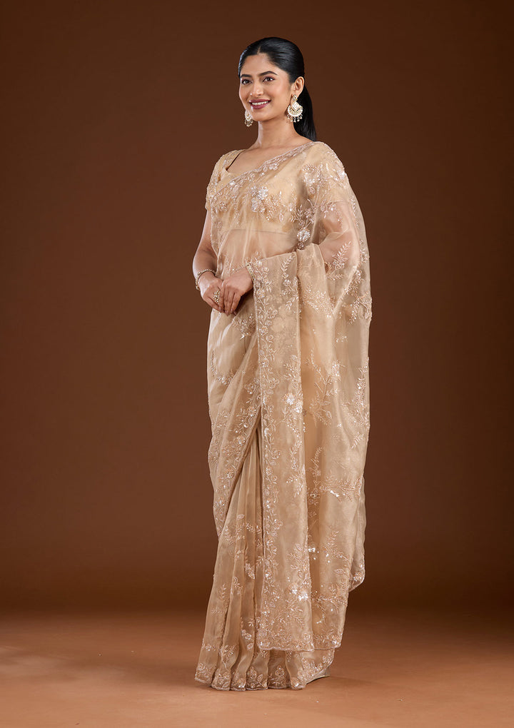Beige Organza Cutdana Saree With Matching Blouse Piece