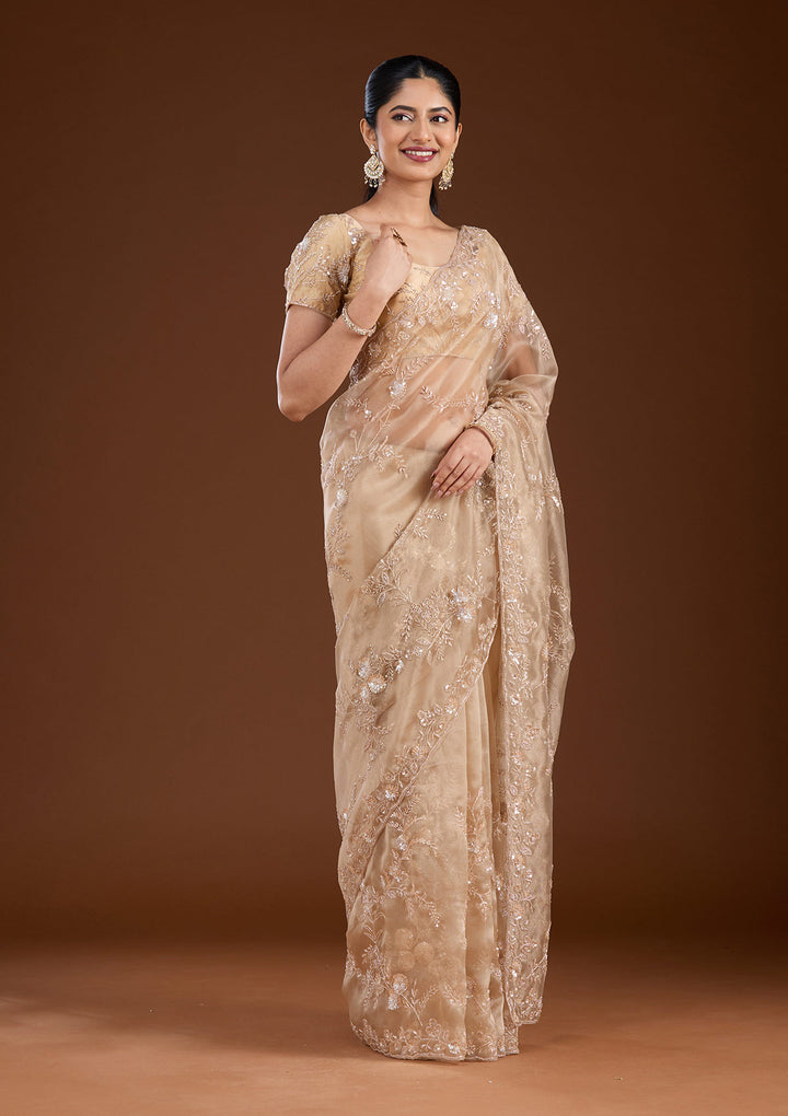 Beige Organza Cutdana Saree With Matching Blouse Piece