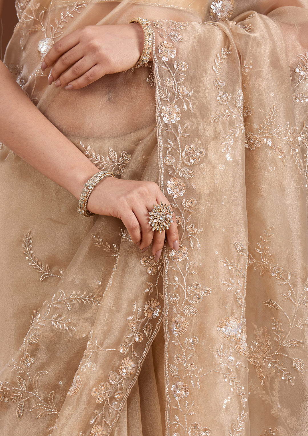 Beige Organza Cutdana Saree With Matching Blouse Piece