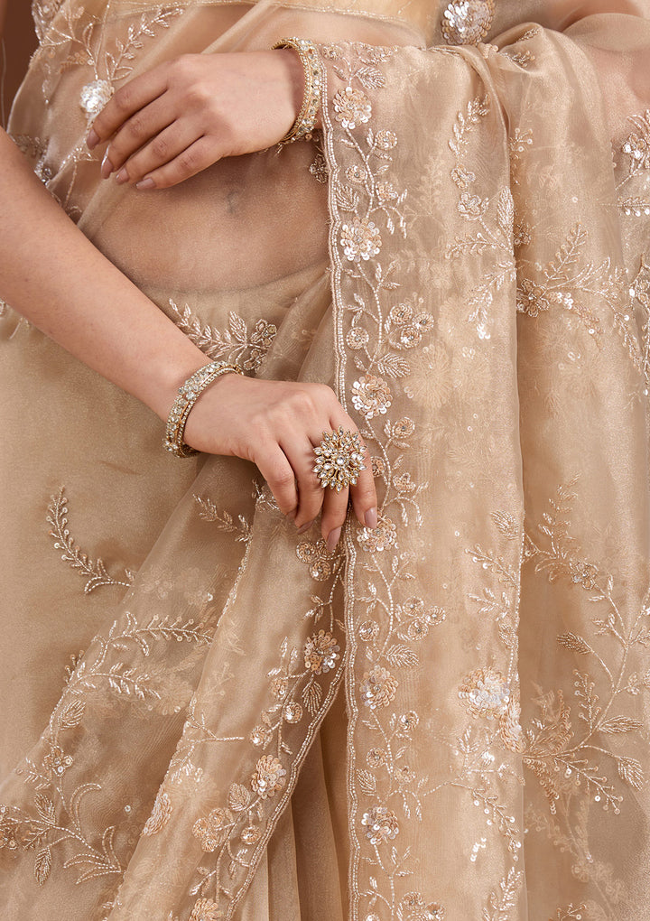 Beige Organza Cutdana Saree With Matching Blouse Piece