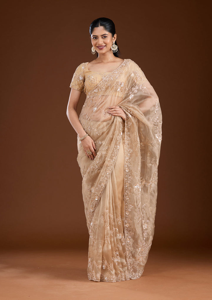 Beige Organza Cutdana Saree With Matching Blouse Piece