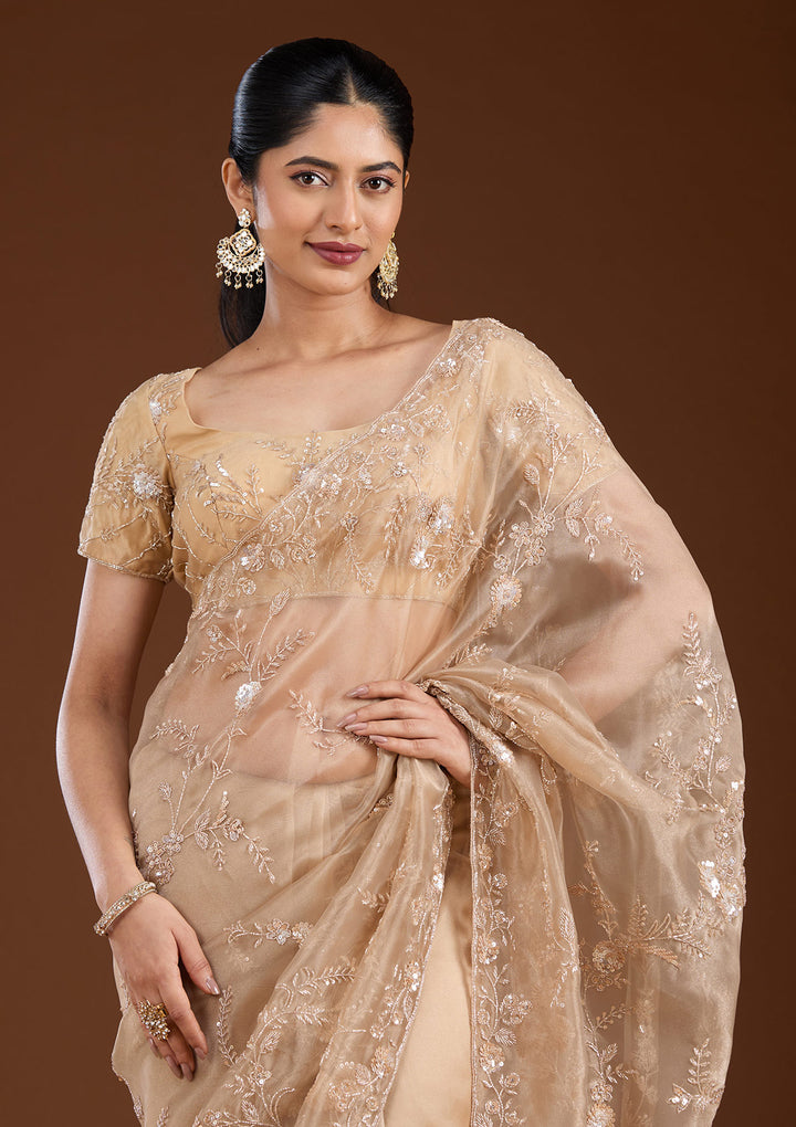 Beige Organza Cutdana Saree With Matching Blouse Piece