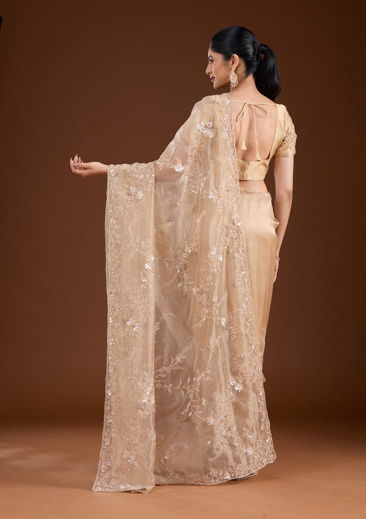 Beige Organza Cutdana Saree With Matching Blouse Piece