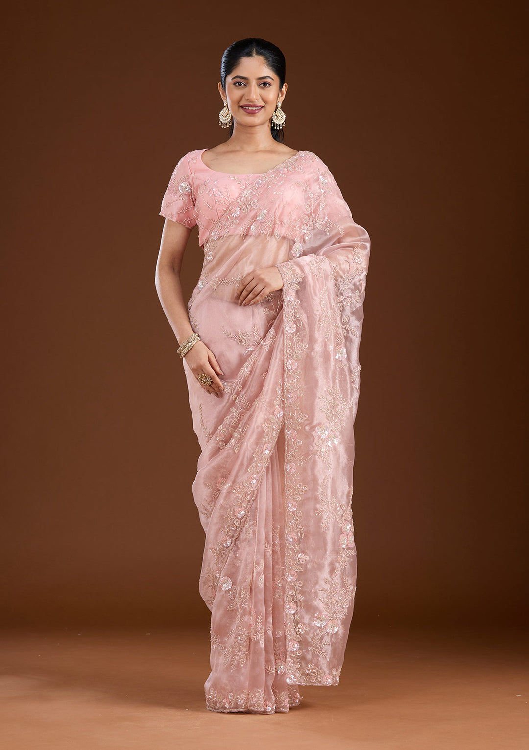 Pink Cutdana Organza Saree