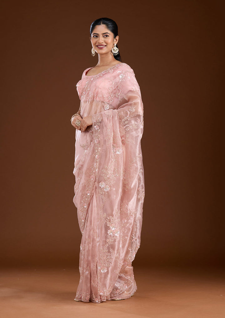 Pink Cutdana Organza Saree