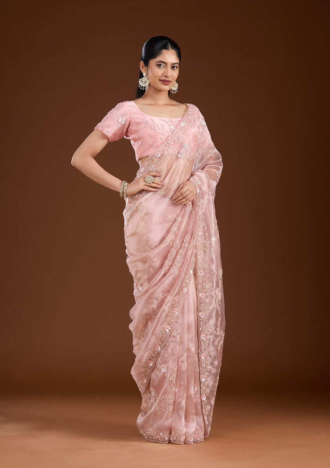 Pink Cutdana Organza Saree