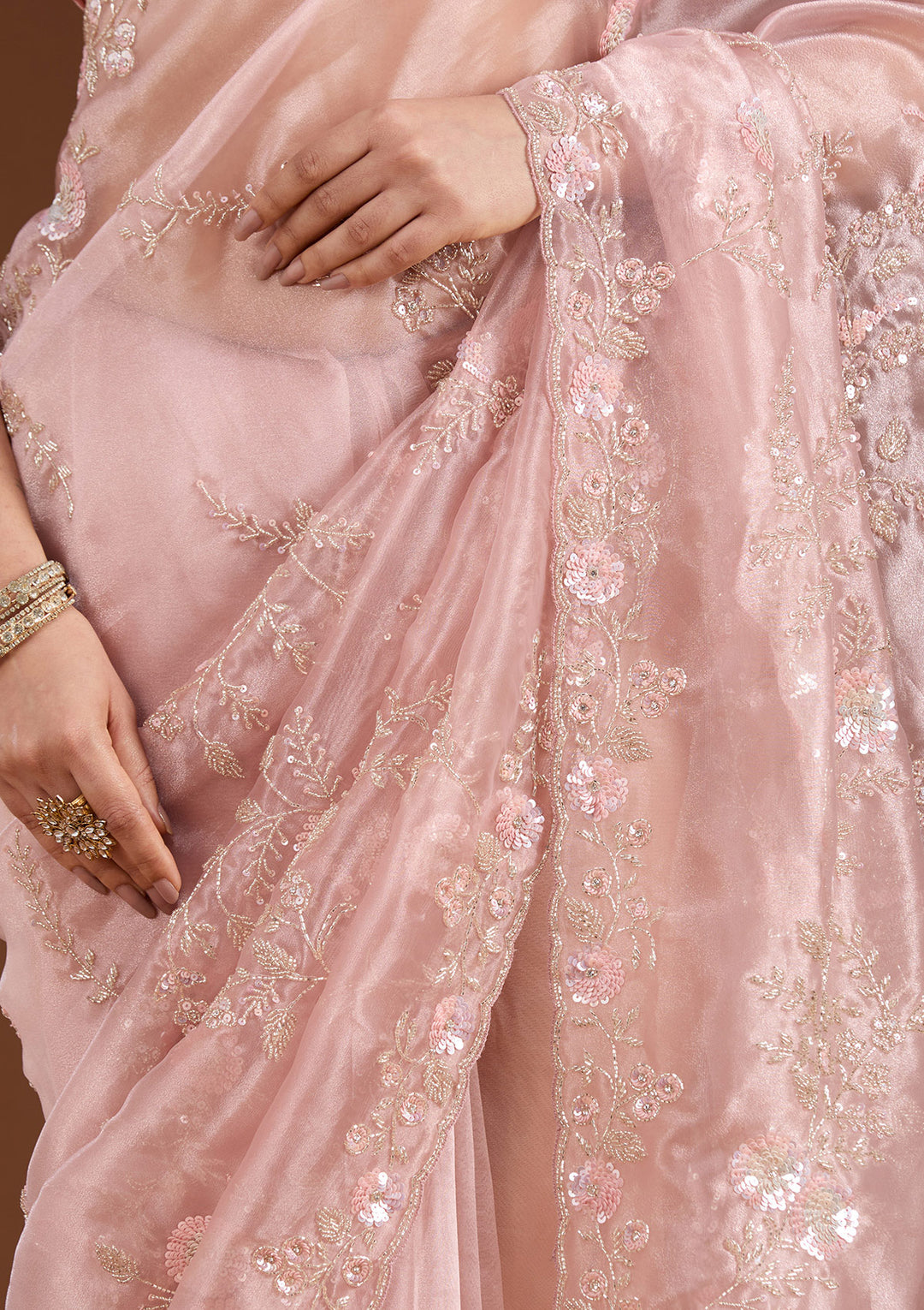 Pink Cutdana Organza Saree