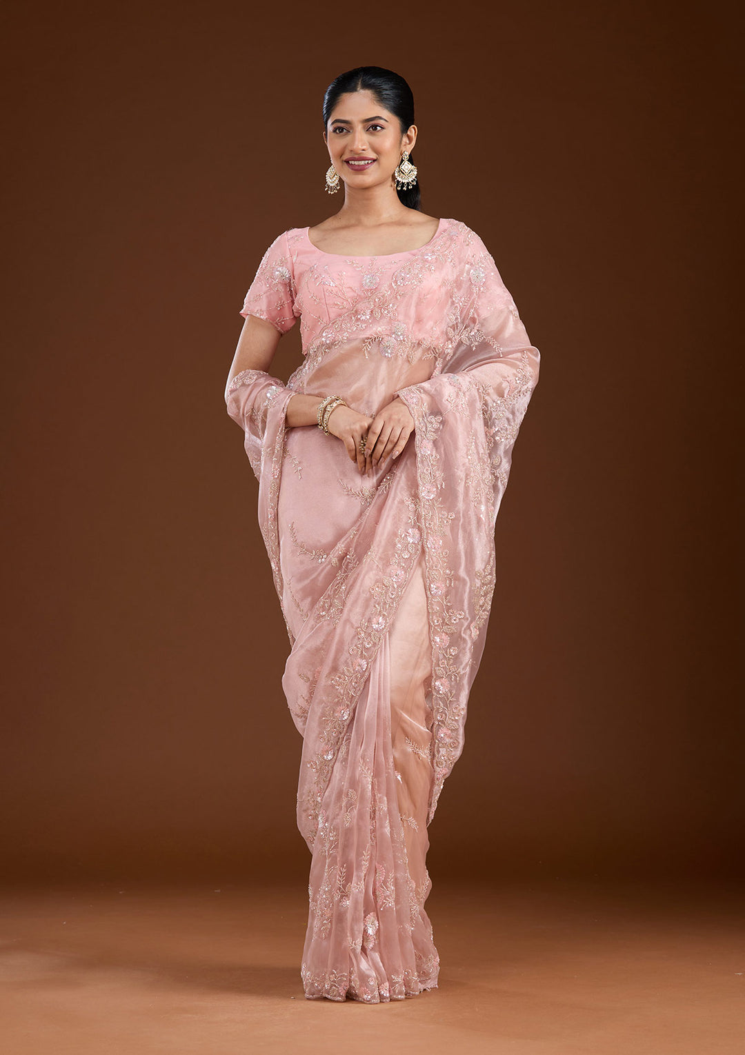 Pink Cutdana Organza Saree