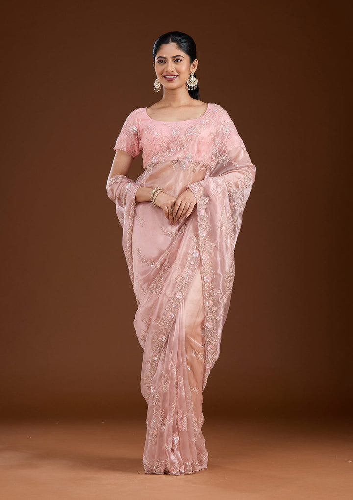 Pink Cutdana Organza Saree