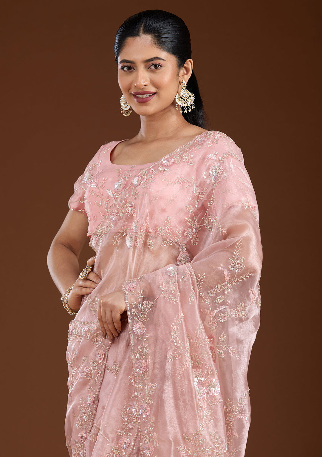 Pink Cutdana Organza Saree