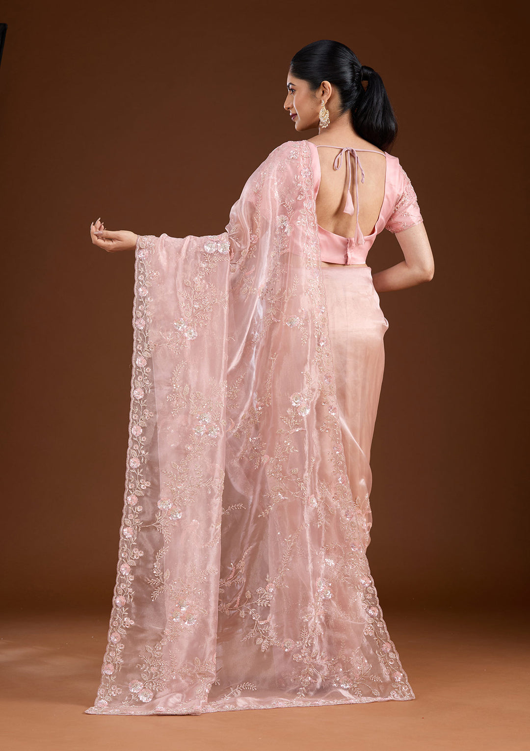 Pink Cutdana Organza Saree