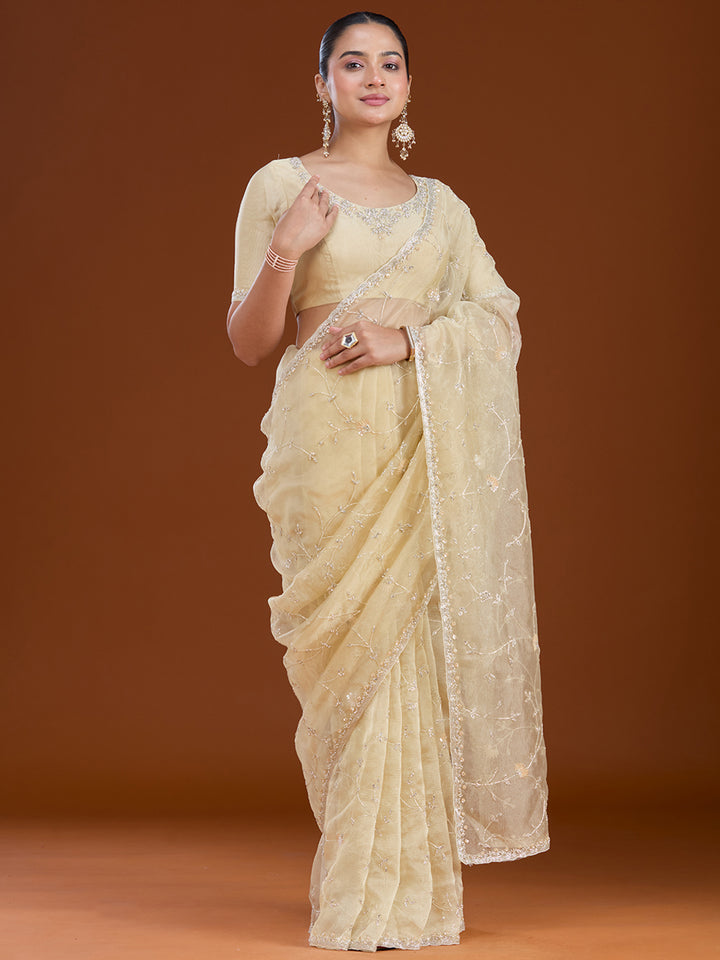 Lemon Yellow Chiffon Cutdana Saree With Matching Blouse Piece
