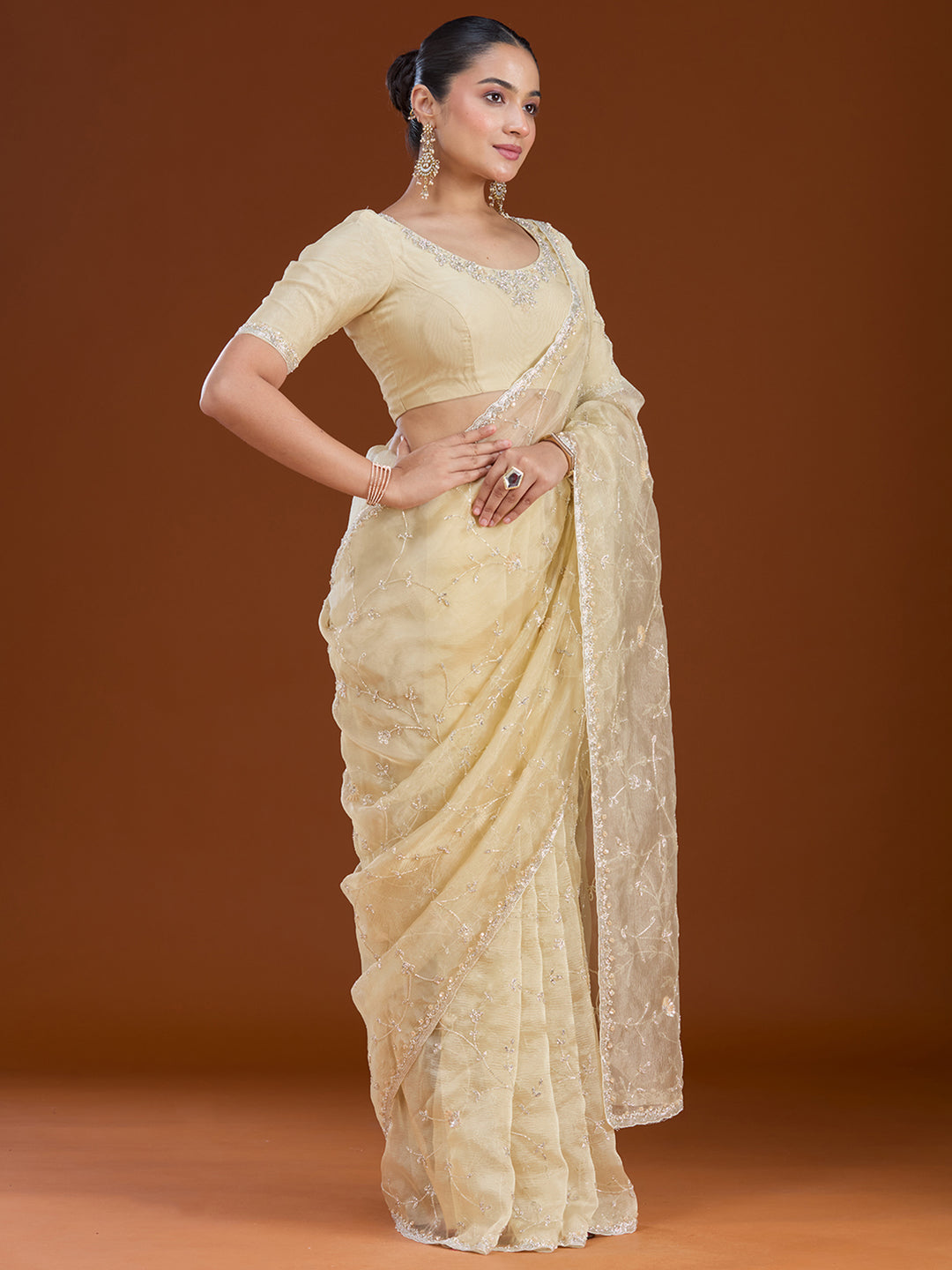 Lemon Yellow Chiffon Cutdana Saree With Matching Blouse Piece