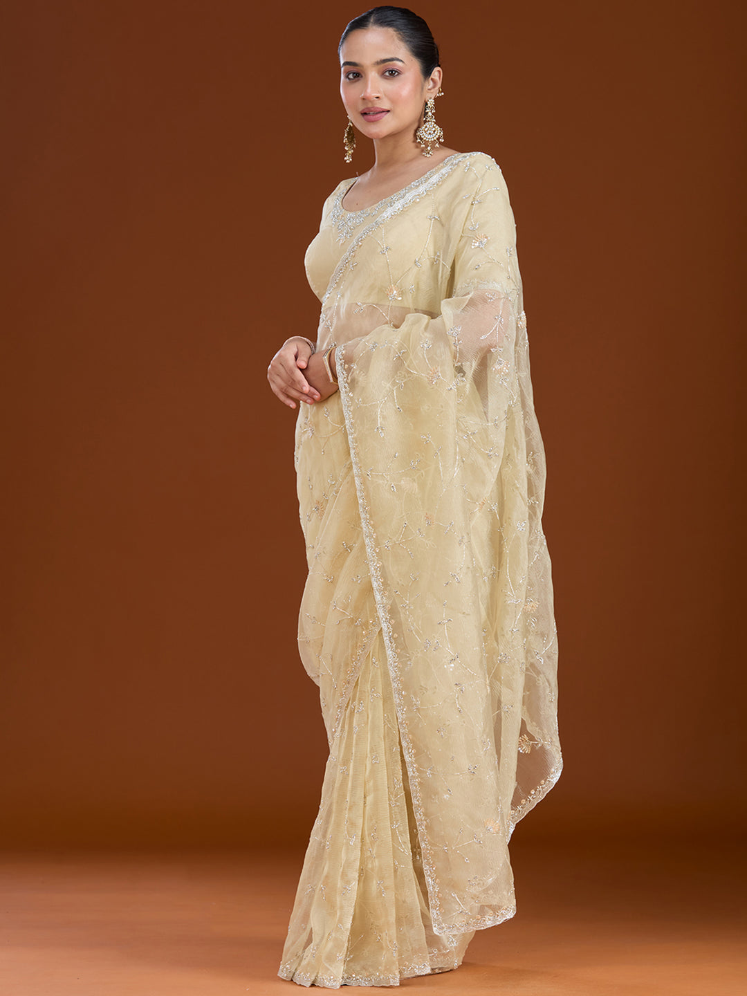 Lemon Yellow Chiffon Cutdana Saree With Matching Blouse Piece