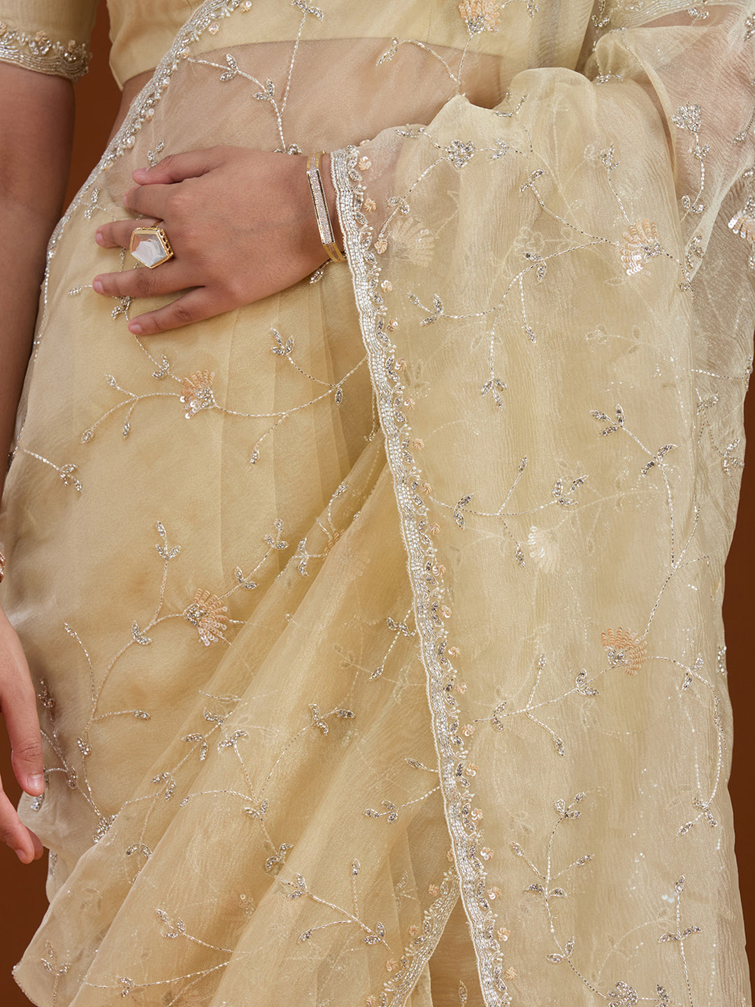 Lemon Yellow Chiffon Cutdana Saree With Matching Blouse Piece