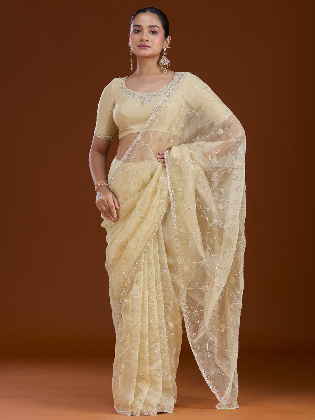 Lemon Yellow Chiffon Cutdana Saree With Matching Blouse Piece