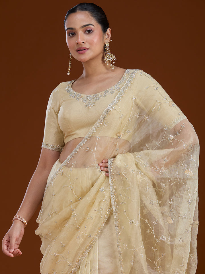 Lemon Yellow Chiffon Cutdana Saree With Matching Blouse Piece