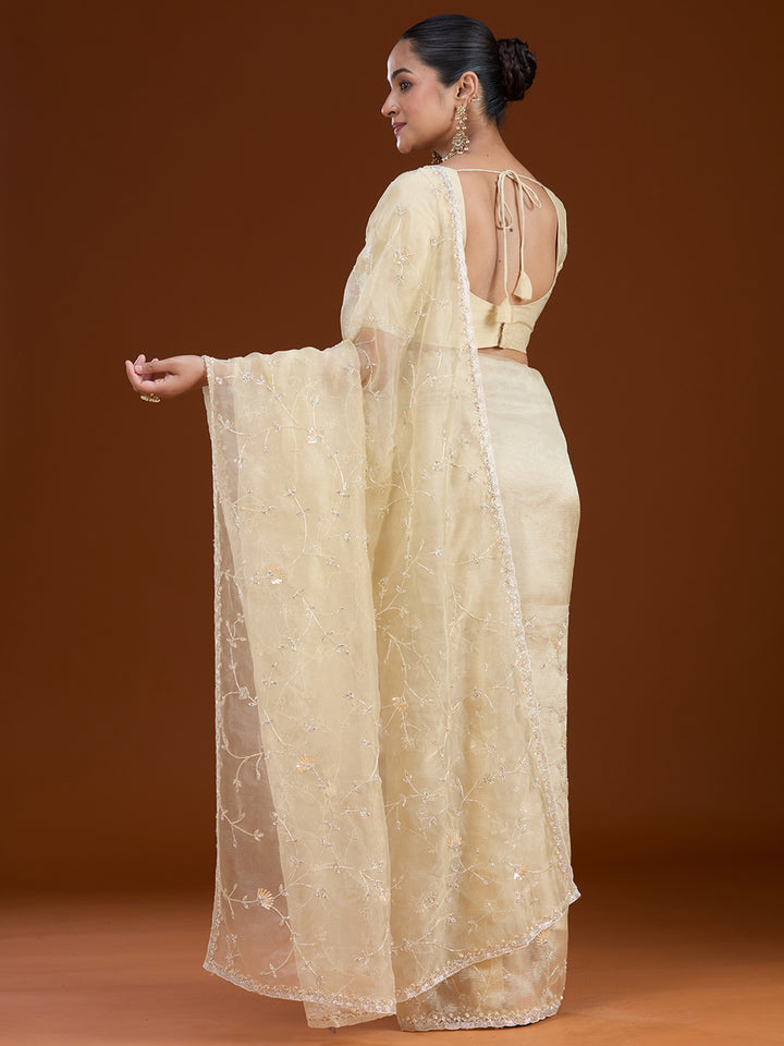 Lemon Yellow Chiffon Cutdana Saree With Matching Blouse Piece
