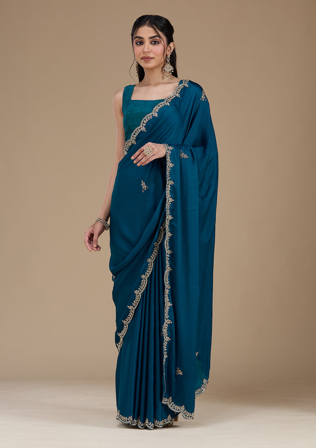 Peacock Blue Cutdana Satin Saree