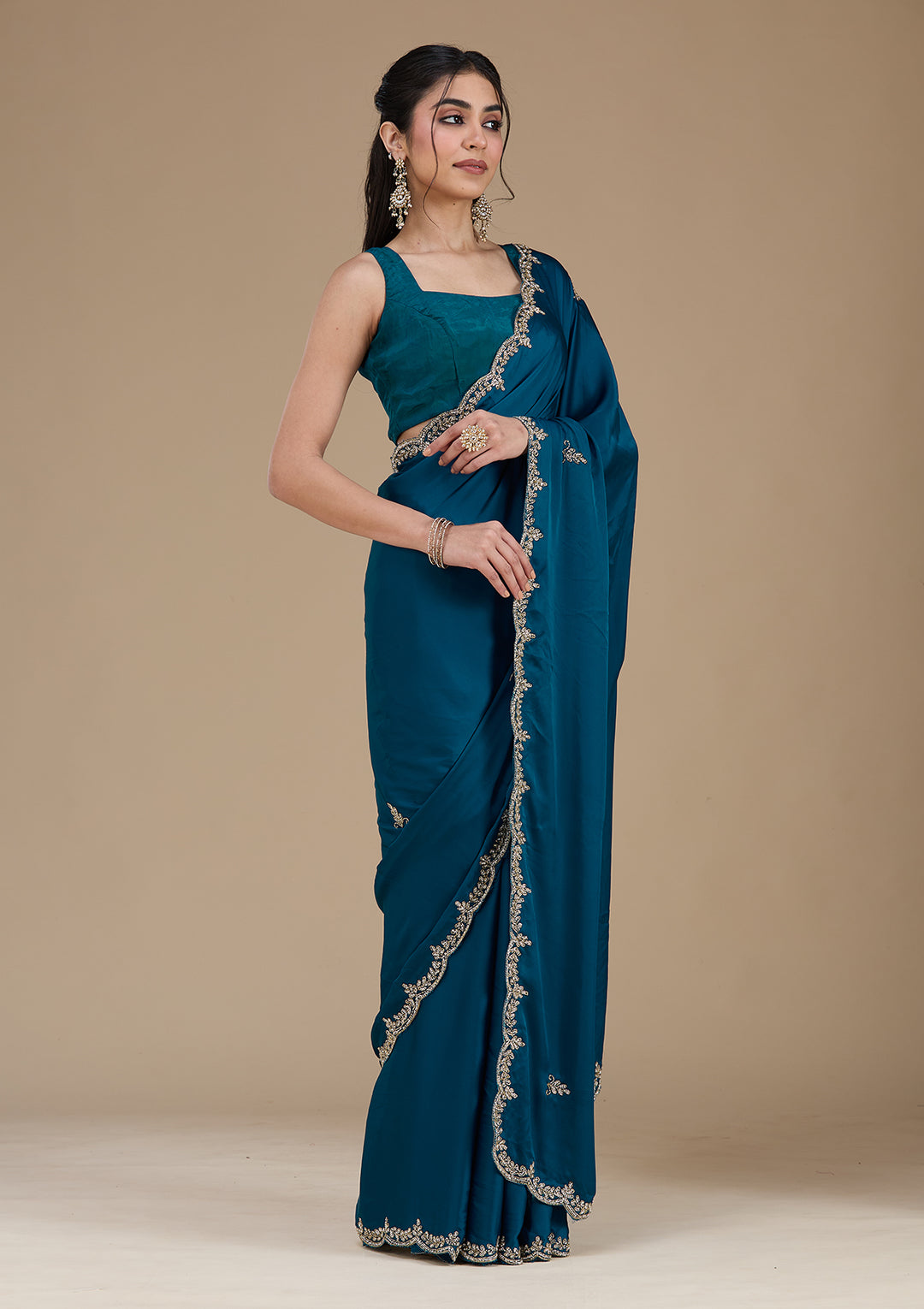 Peacock Blue Cutdana Satin Saree