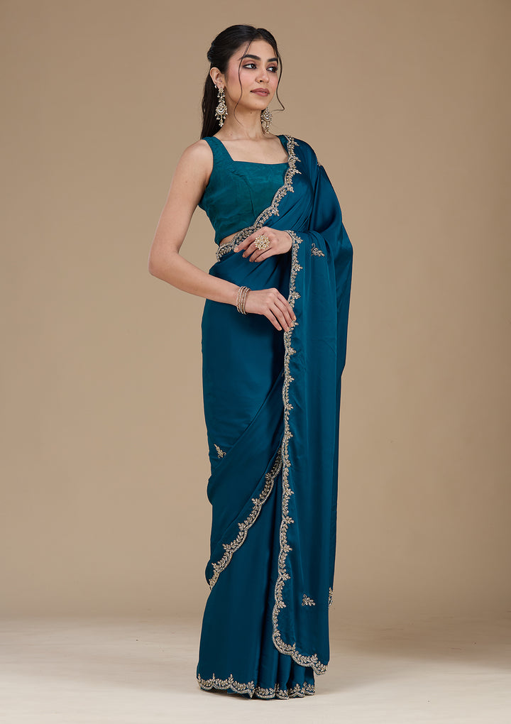 Peacock Blue Cutdana Satin Saree