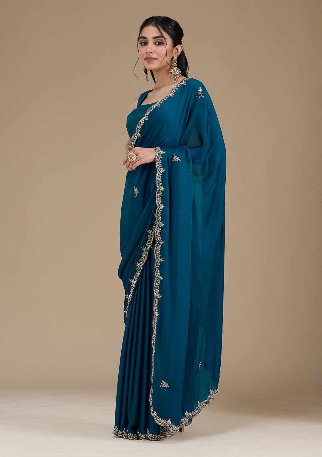 Peacock Blue Cutdana Satin Saree