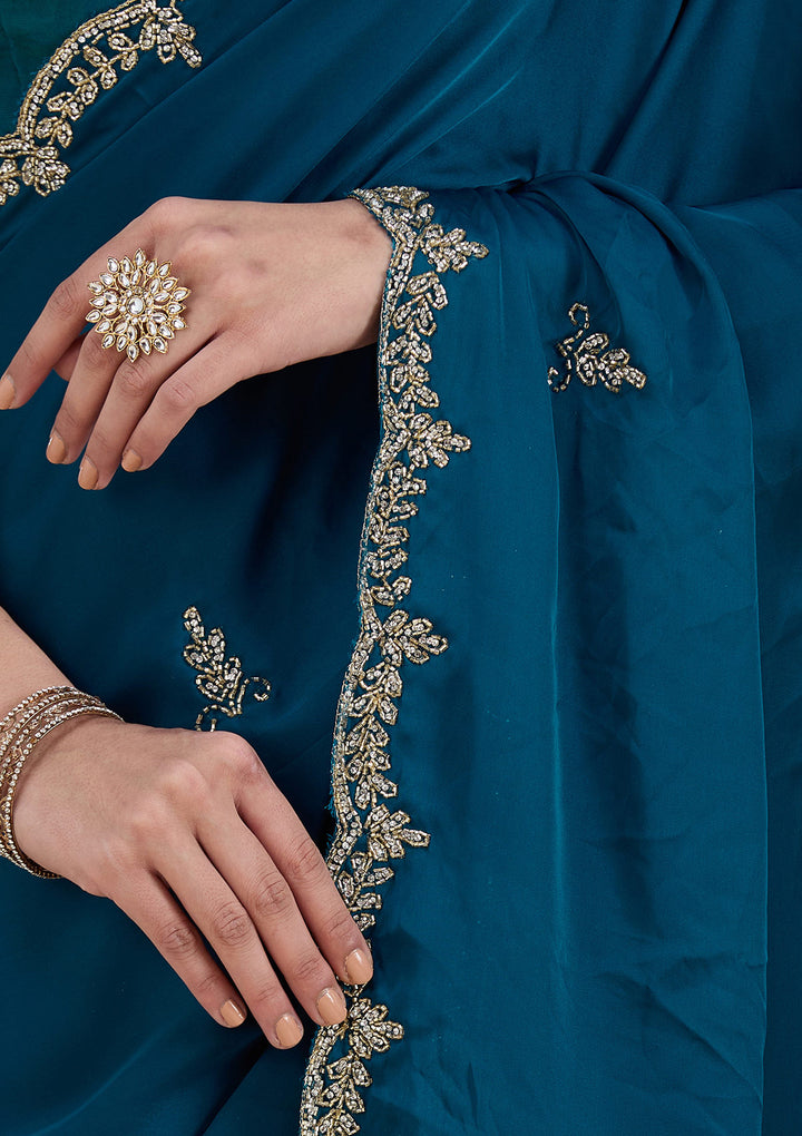 Peacock Blue Cutdana Satin Saree