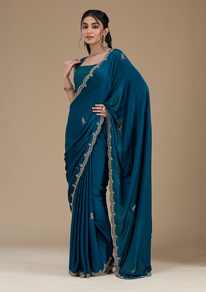 Peacock Blue Cutdana Satin Saree
