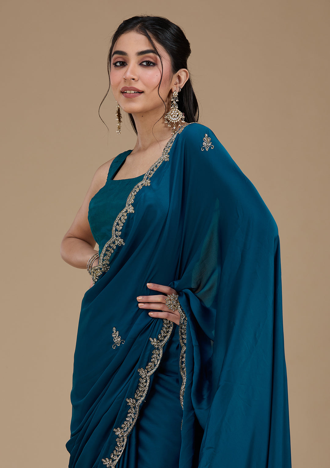 Peacock Blue Cutdana Satin Saree