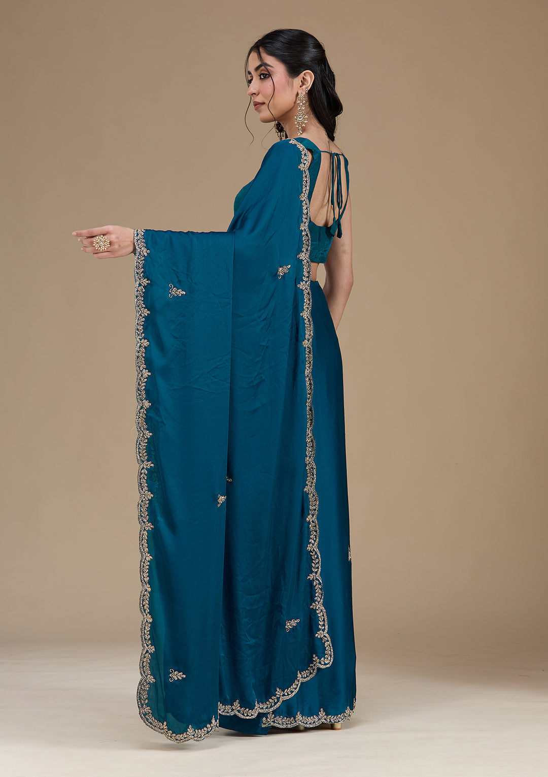 Peacock Blue Cutdana Satin Saree