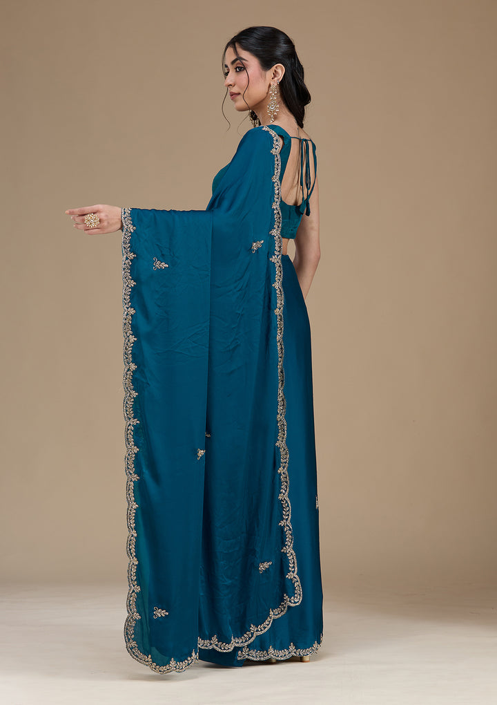 Peacock Blue Cutdana Satin Saree