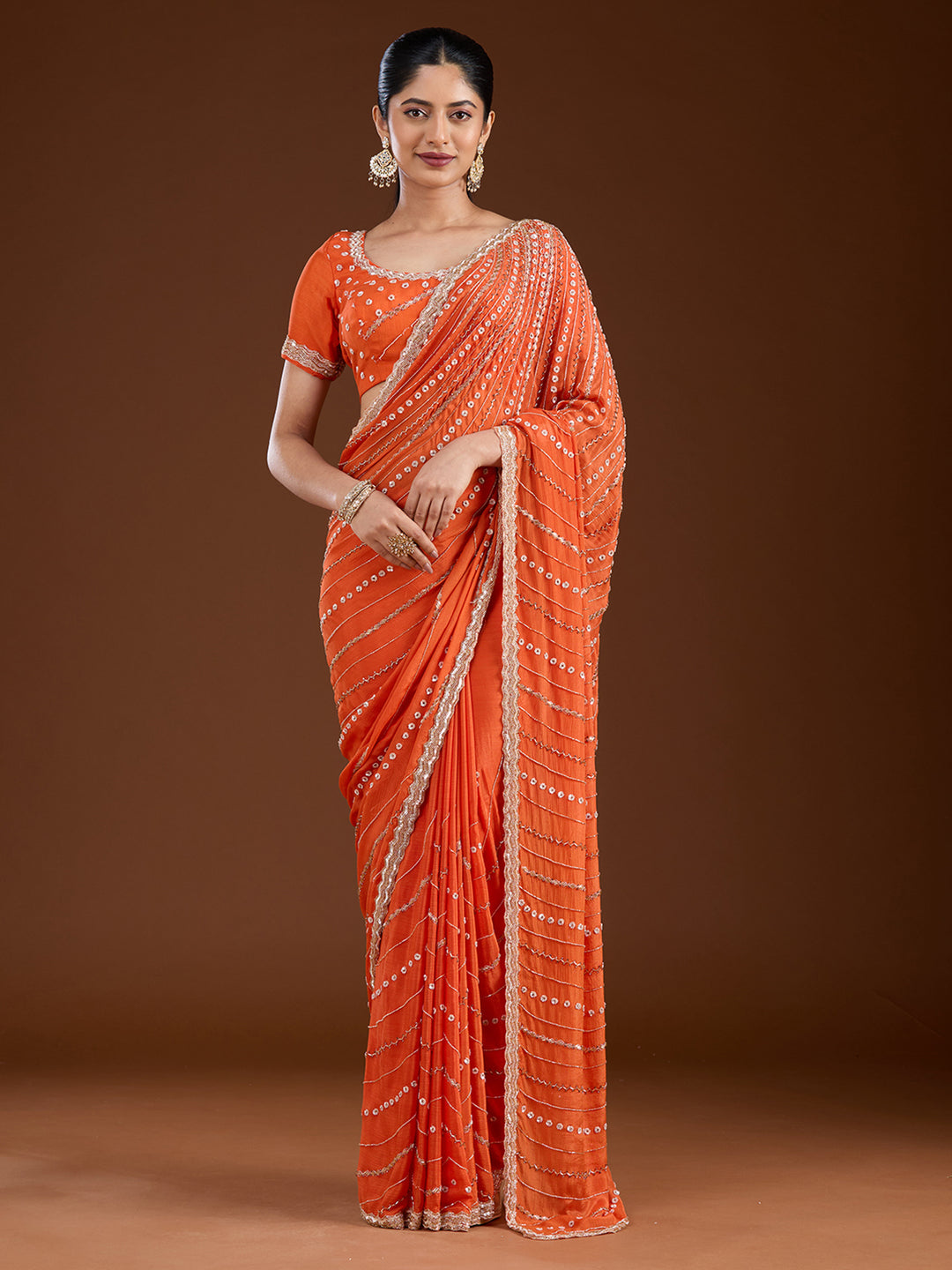 Orange Satin Cutdana Saree With Matching Blouse Piece