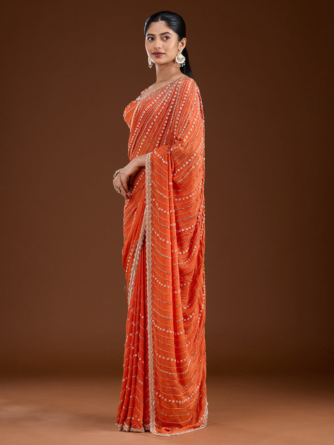 Orange Satin Cutdana Saree With Matching Blouse Piece