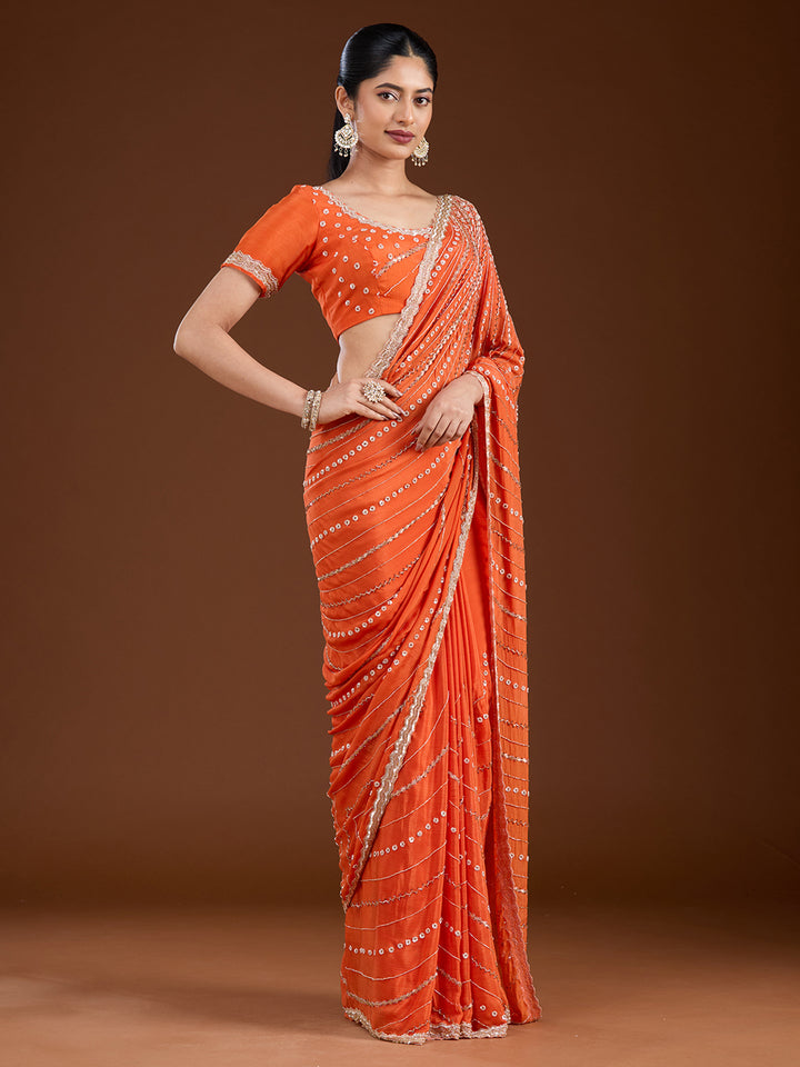 Orange Satin Cutdana Saree With Matching Blouse Piece