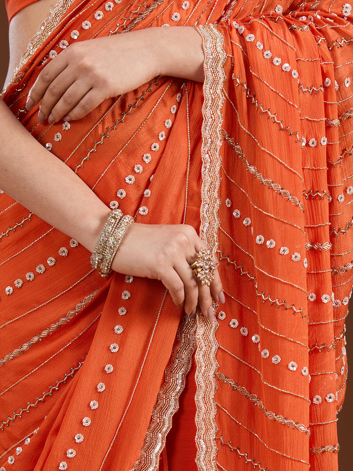 Orange Satin Cutdana Saree With Matching Blouse Piece