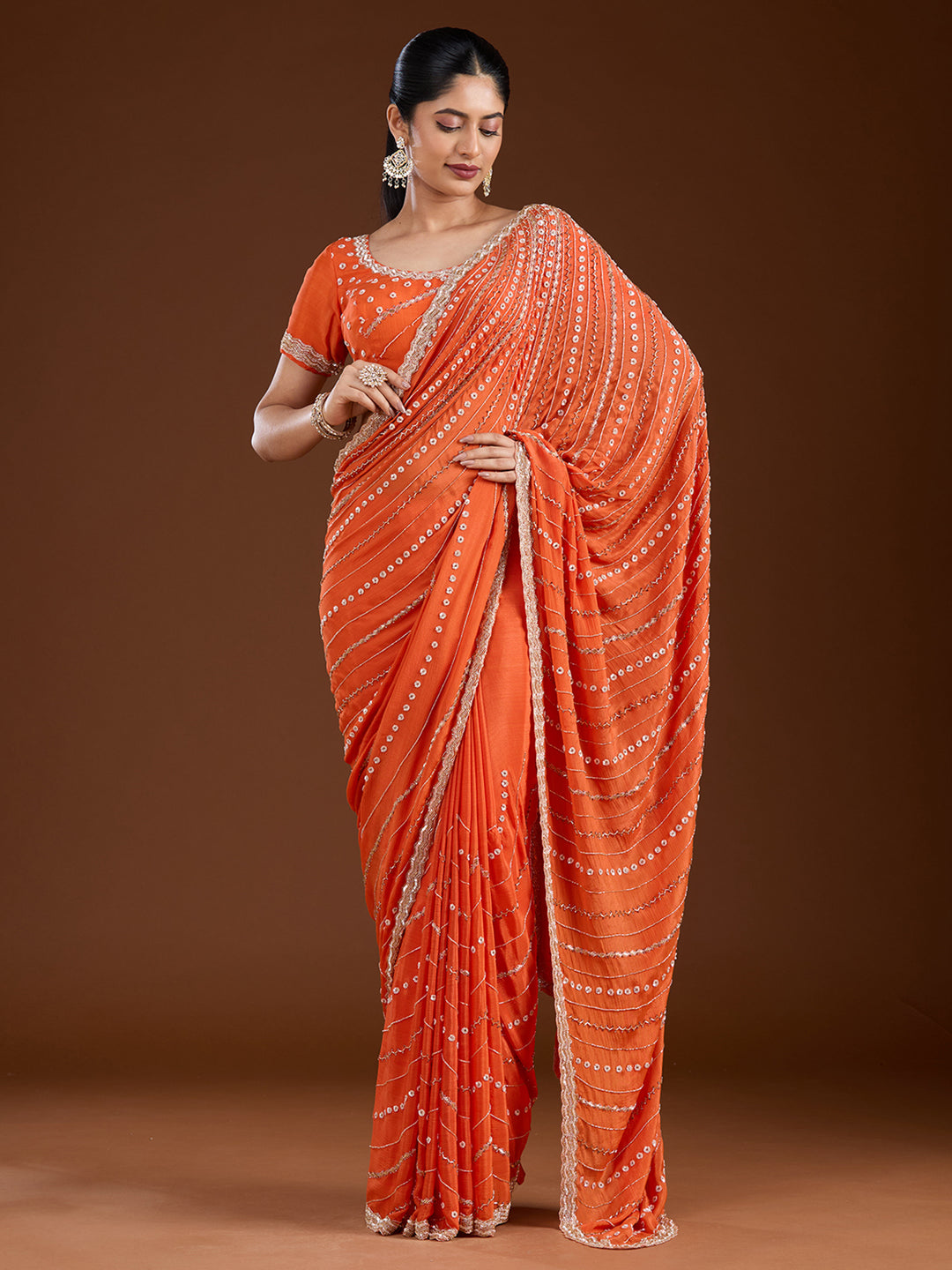 Orange Satin Cutdana Saree With Matching Blouse Piece
