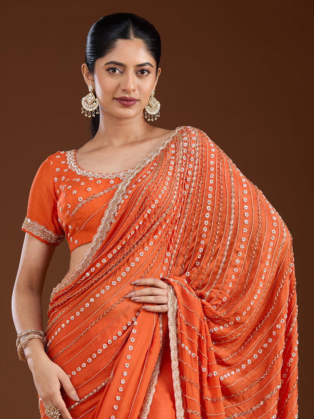 Orange Satin Cutdana Saree With Matching Blouse Piece