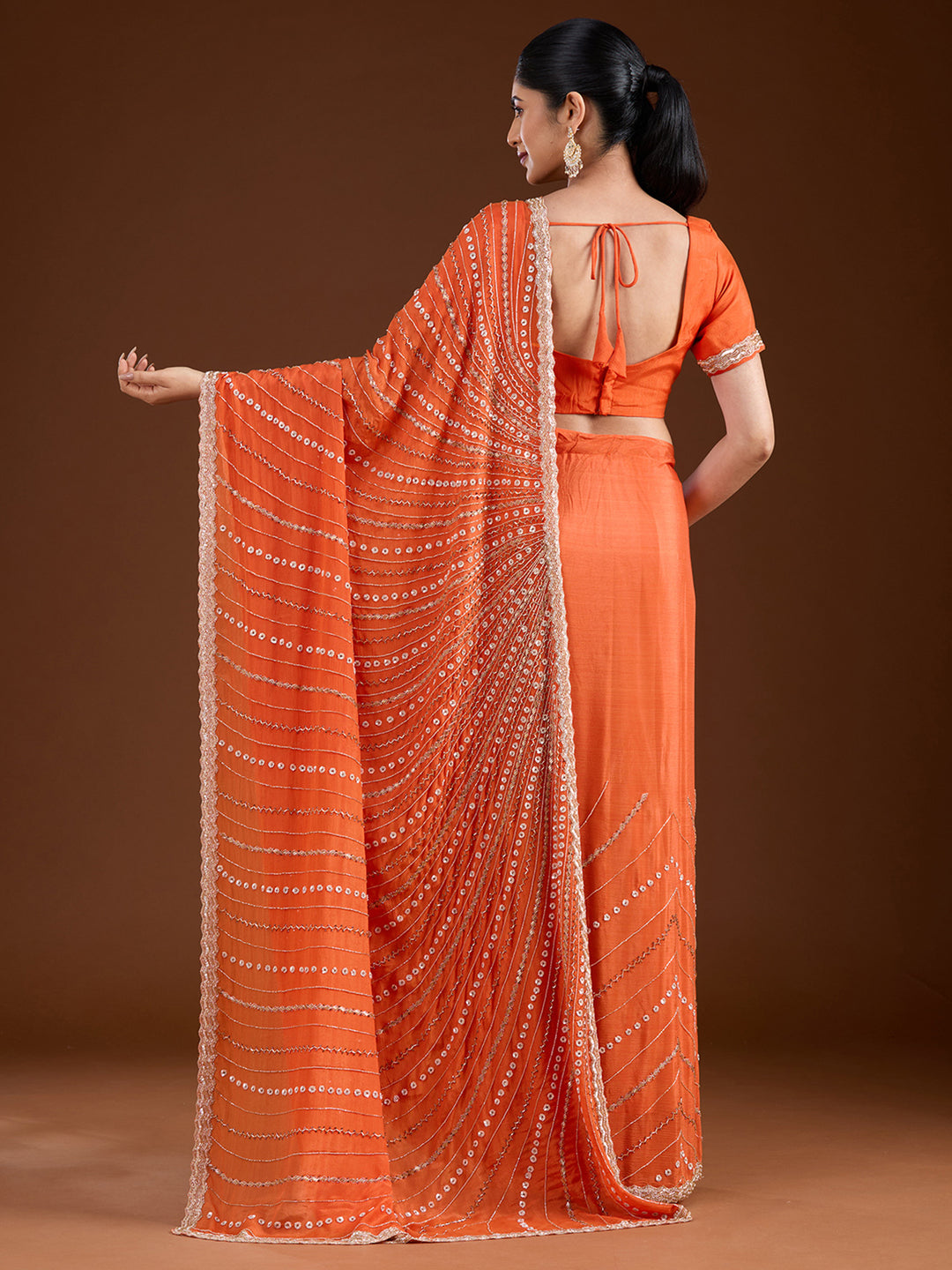 Orange Satin Cutdana Saree With Matching Blouse Piece