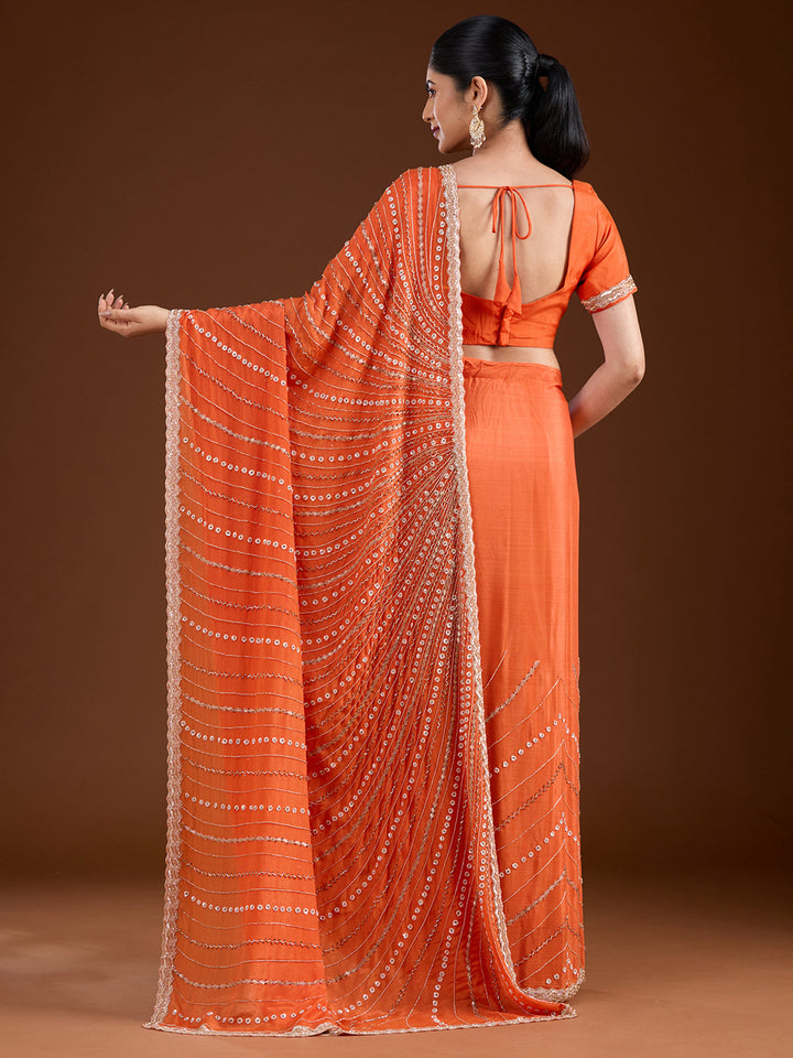 Orange Satin Cutdana Saree With Matching Blouse Piece