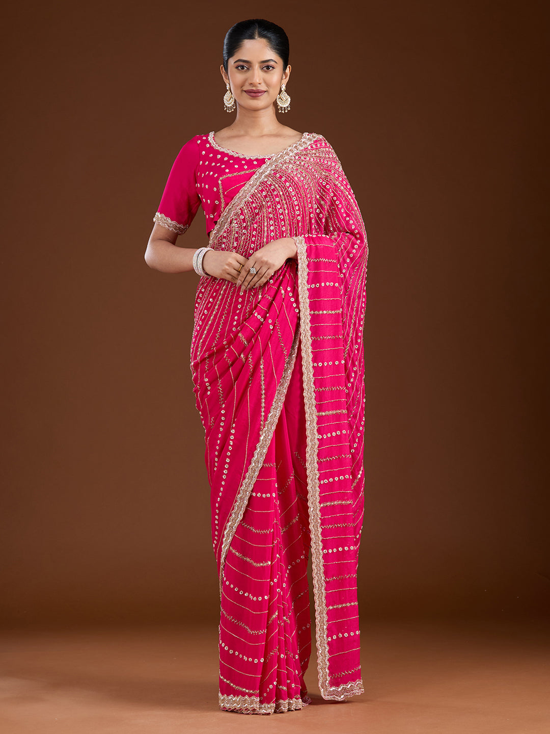 Rani Pink Aariwork Satin Saree