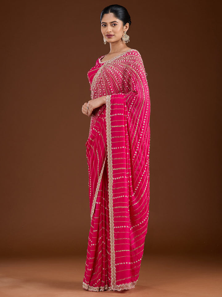 Rani Pink Aariwork Satin Saree
