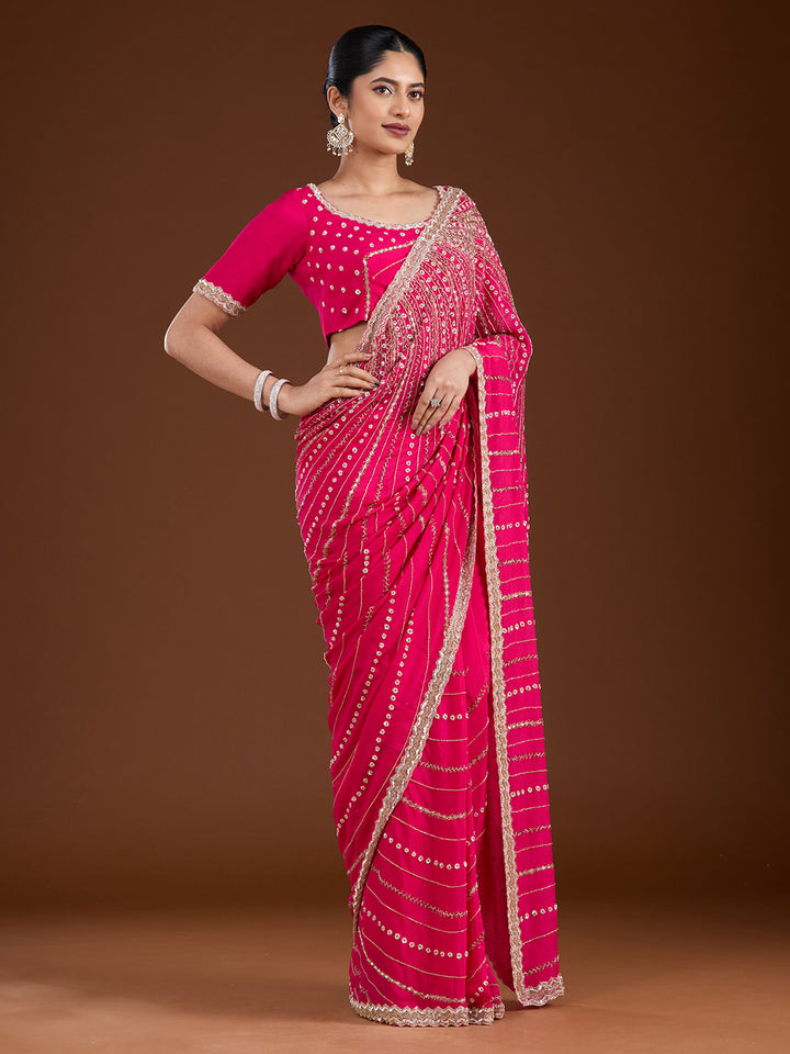 Rani Pink Aariwork Satin Saree