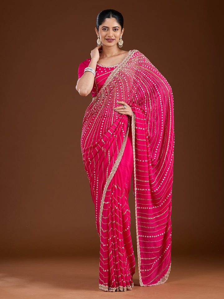 Rani Pink Aariwork Satin Saree