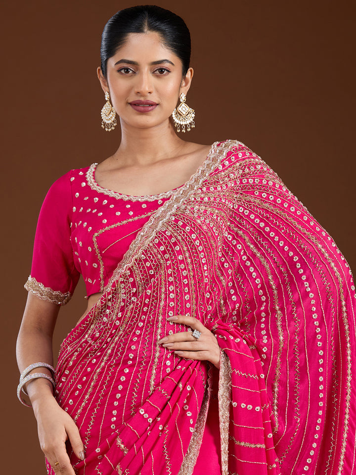 Rani Pink Aariwork Satin Saree