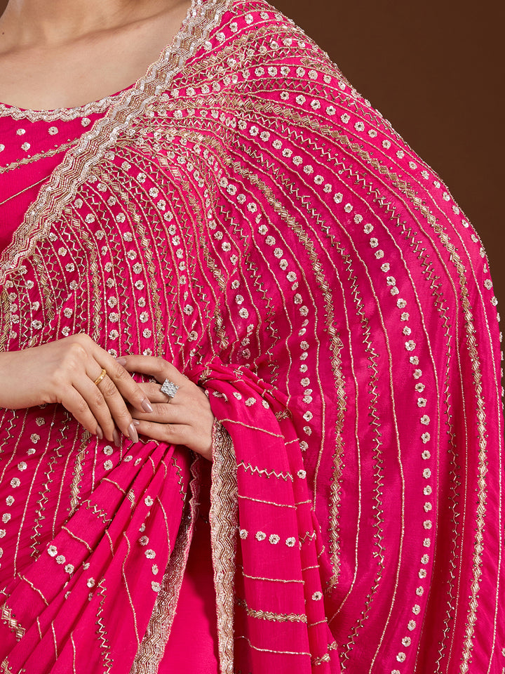Rani Pink Aariwork Satin Saree