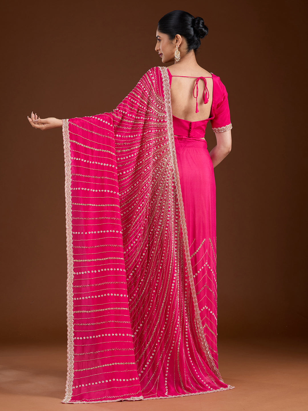 Rani Pink Aariwork Satin Saree