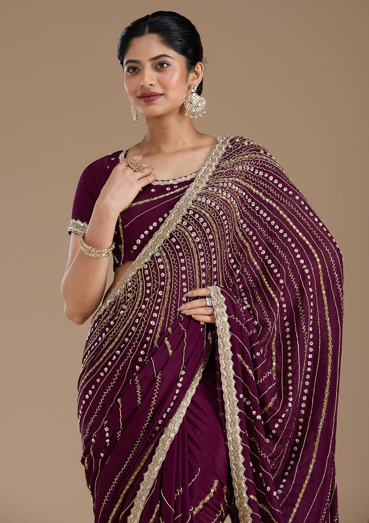 Wine Aariwork Satin Saree