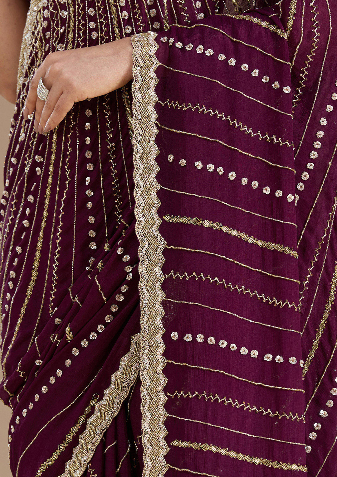 Wine Aariwork Satin Saree